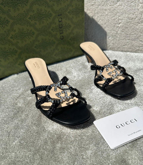 GUCCI CRYSTAL GG LEATHER SANDALS
